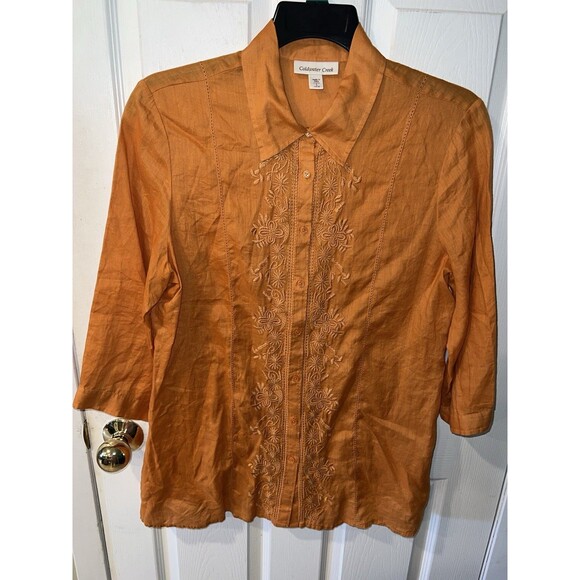 Coldwater Creek Blouse Womens L Orange Ramie Embroidered Button Up Shirt Top - Picture 8 of 8
